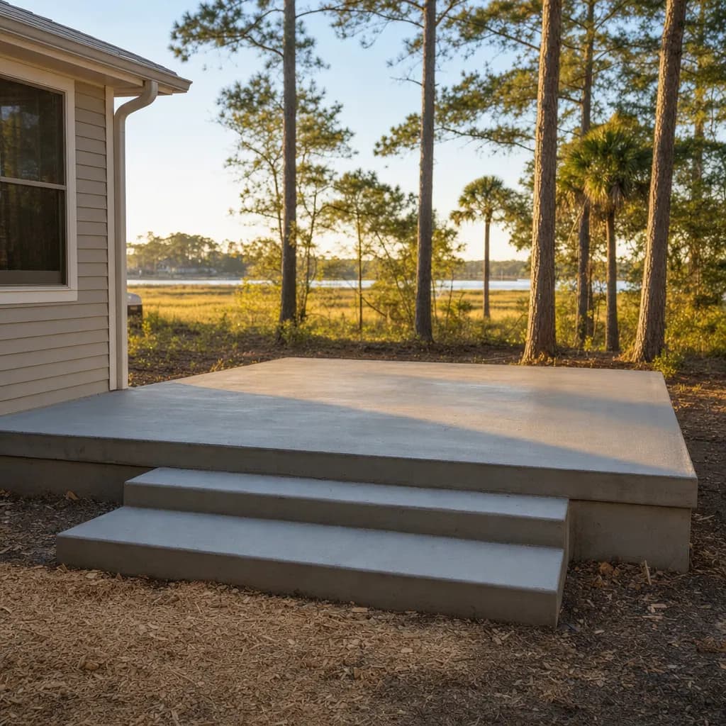 Concrete Patios, Walkways & Steps — Poured concrete patios, walkways, sidewalks, and step installs across Effingham, Savannah, and Bryan County — a natural finish to the cleared space after a tree comes out.